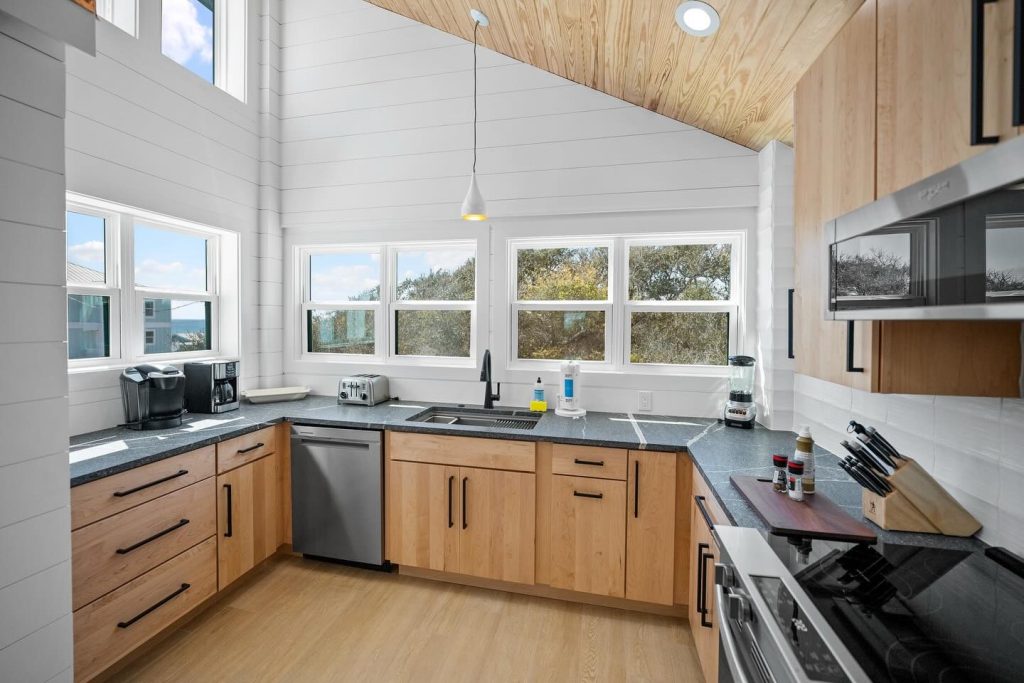 interior shot of kitchen with slanted roof