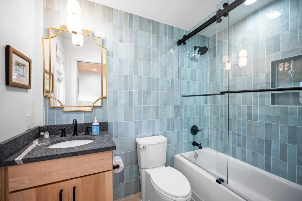 interior shot of blue bathroom